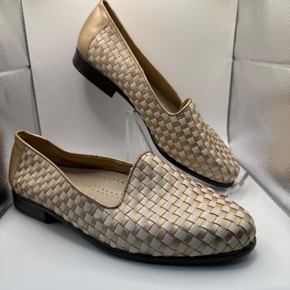 Trotters Liz Woven Leather Loafers Womens 8.5 WW Wide Width Gold‎ White **Flaws